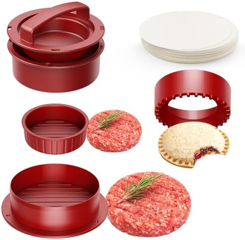 Hamburger Burger Press Patty Maker Slider with 100pcs Parchment Paper, Red