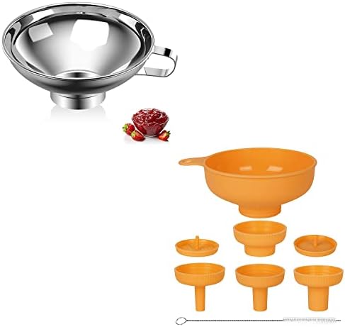 Wide Mouth Stainless Steel Funnel + Food Grade Plastic Cooking Canning Funnel, Steel and orange