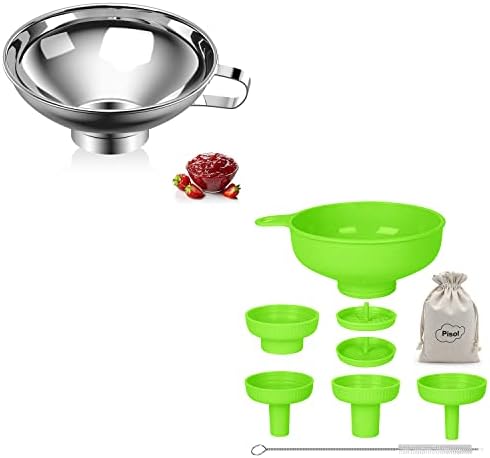 Wide Mouth Stainless Steel Funnel + Food Grade Plastic Cooking Canning Funnel, Steel and green, with pouch