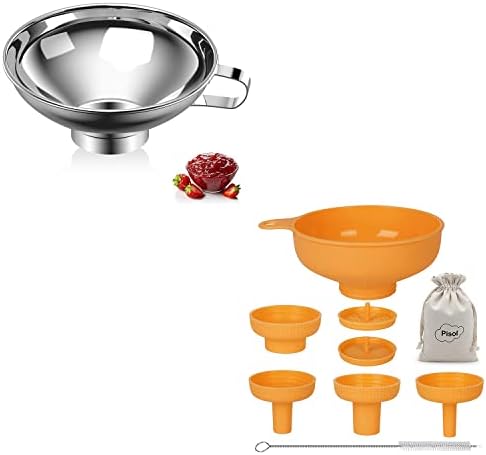 Wide Mouth Stainless Steel Funnel + Food Grade Plastic Cooking Canning Funnel, Steel and orange, with pouch